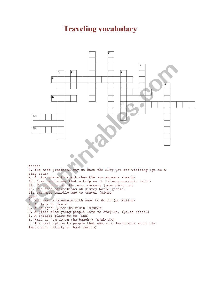 Traveling crossword worksheet