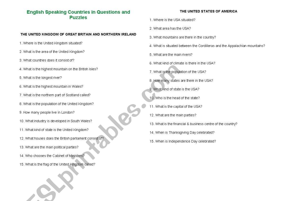 English Speaking Countries in Questions and Puzzles