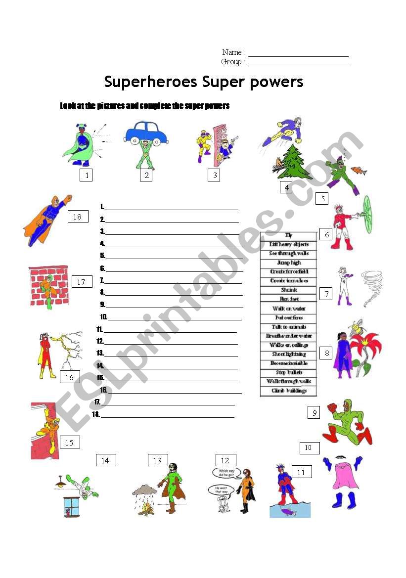 Superheroes Super Powers worksheet