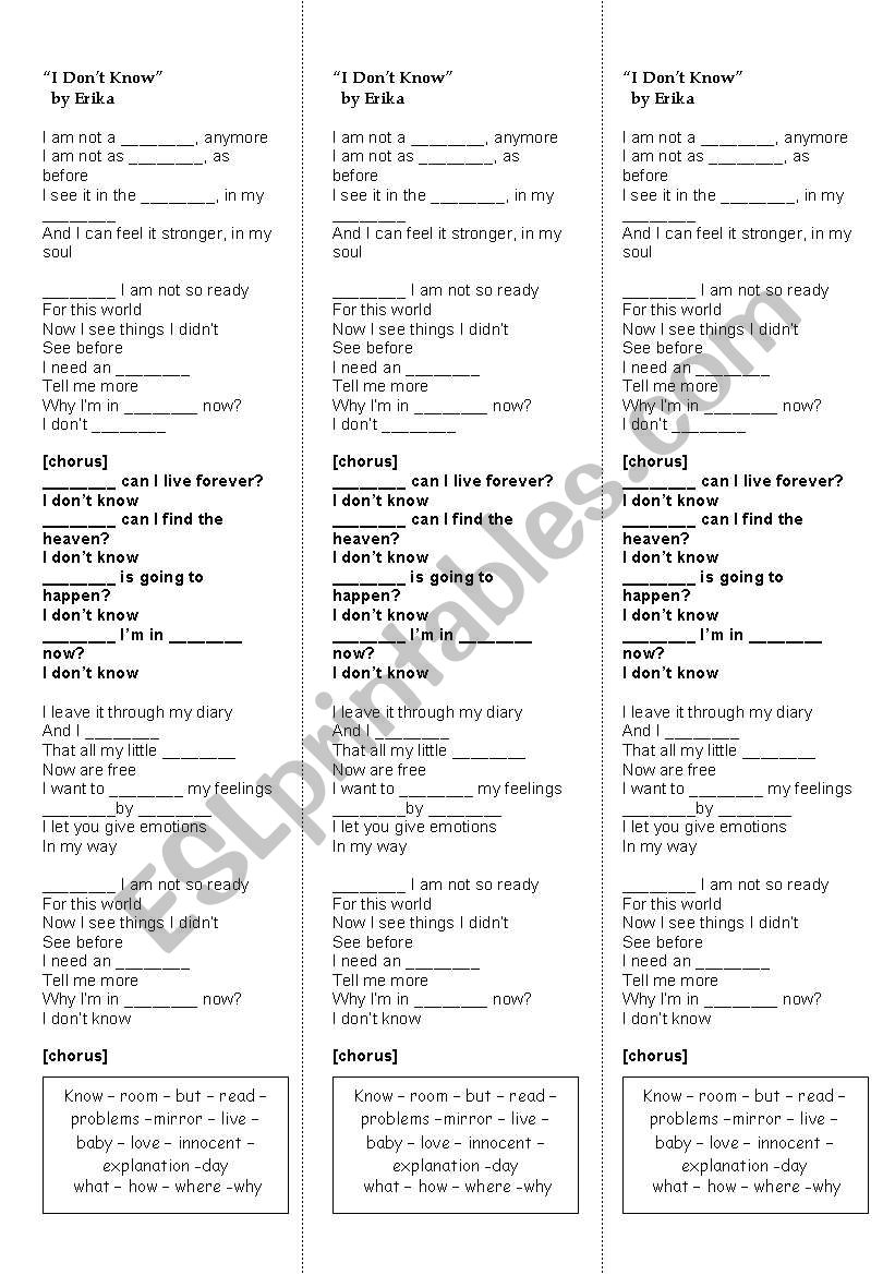 I dont  know By Erika worksheet