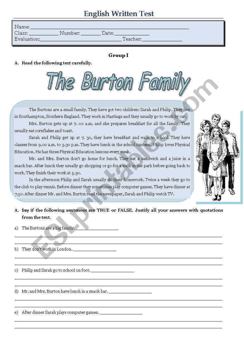 Test - the Burton Family worksheet