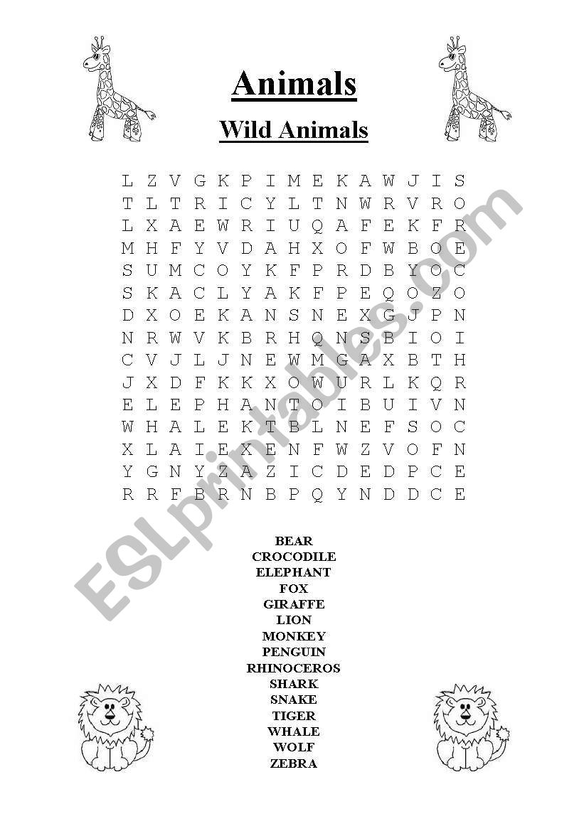 Wild Animals Word Search worksheet