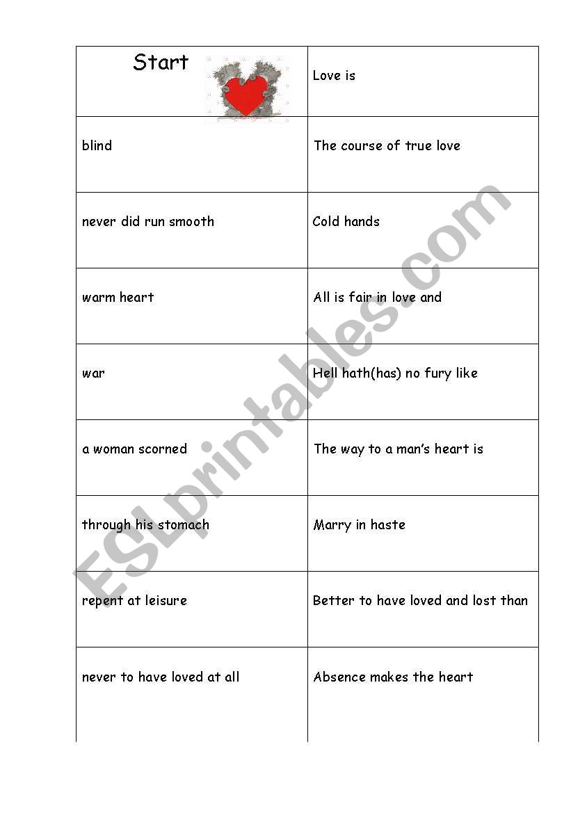 Love proverbs domino worksheet