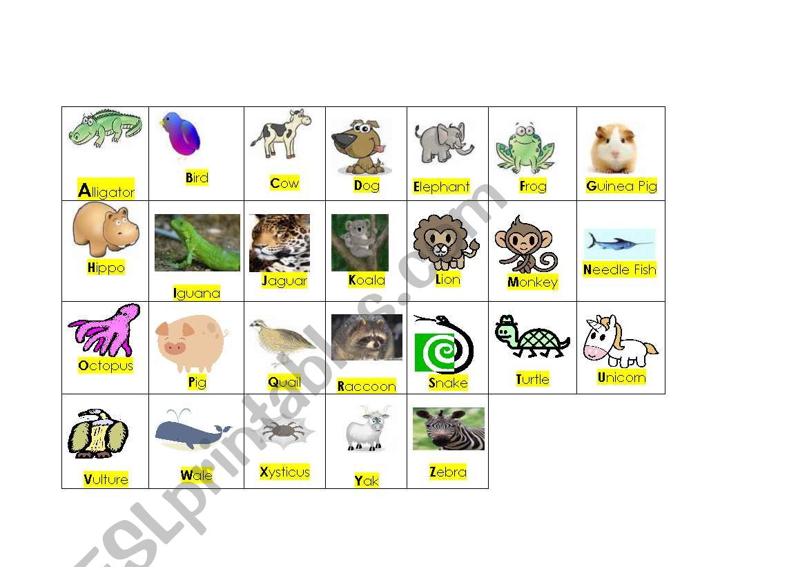 Animals alphabet worksheet