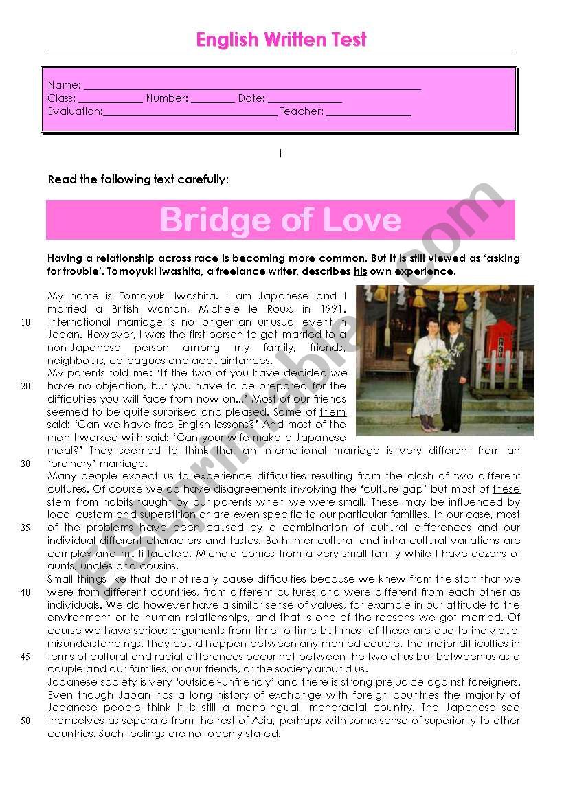 Test - Bridge of Love worksheet