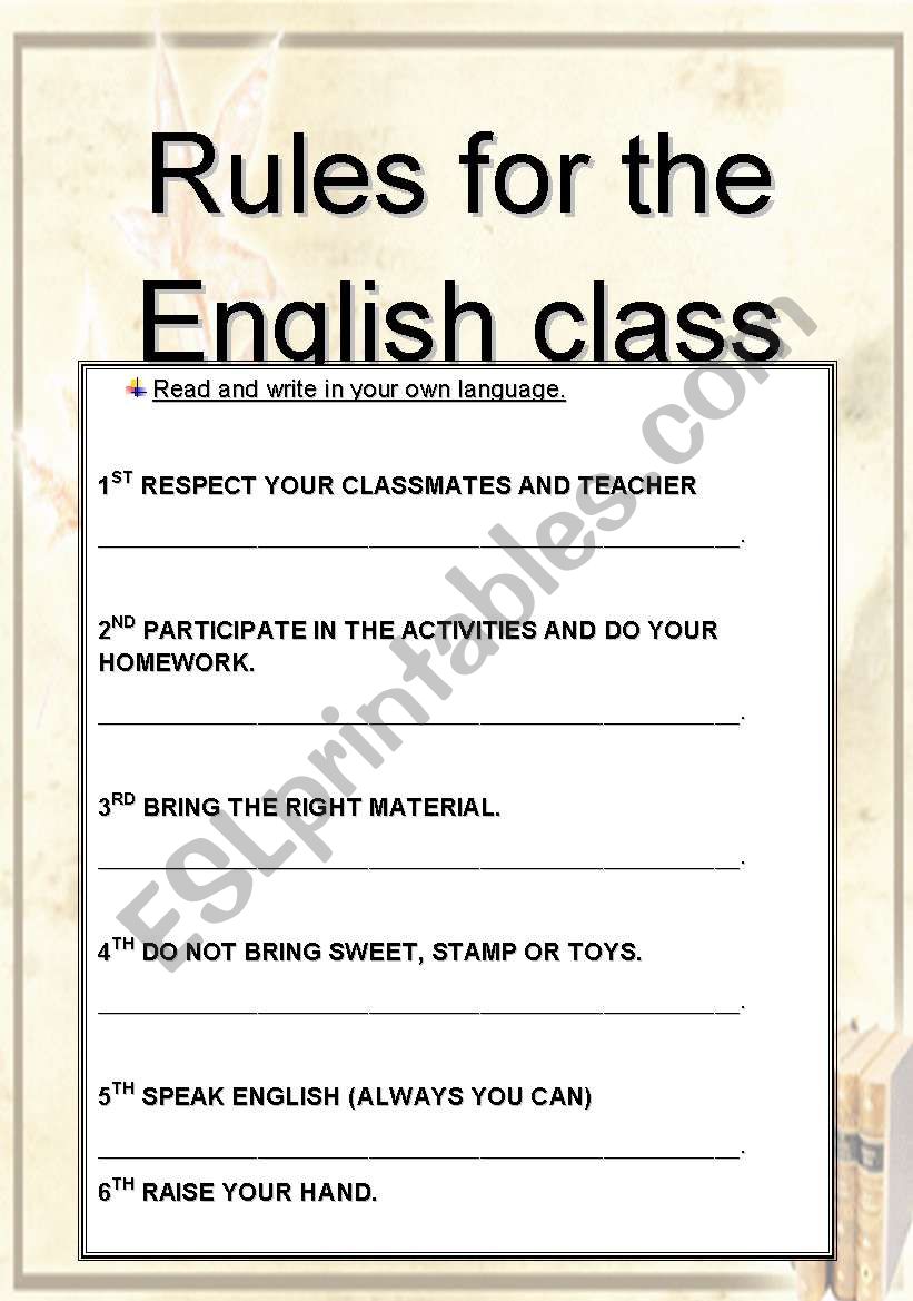 Rules for the English class worksheet