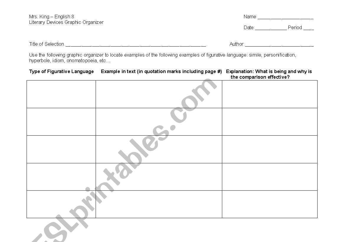 Figurative Language Graphic Organizer for Short Stories