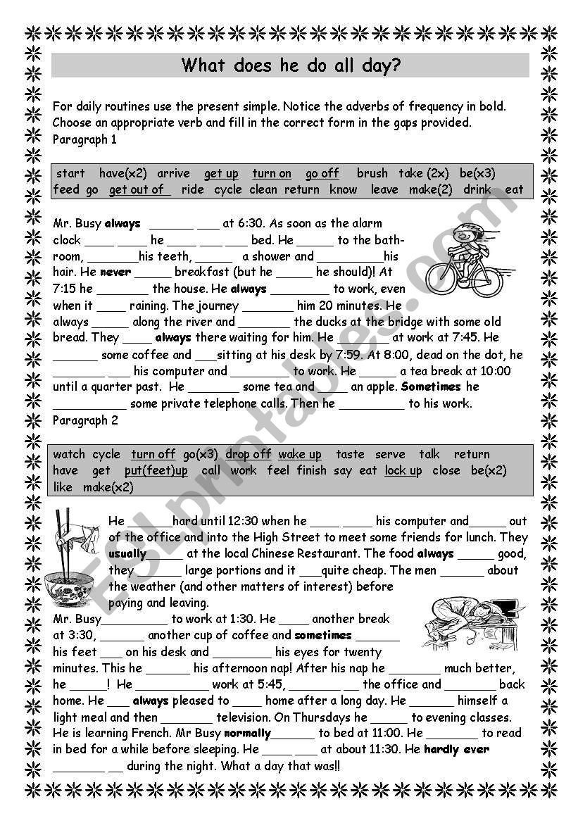 Mr Busys daily routine (PRESENT TENSE)