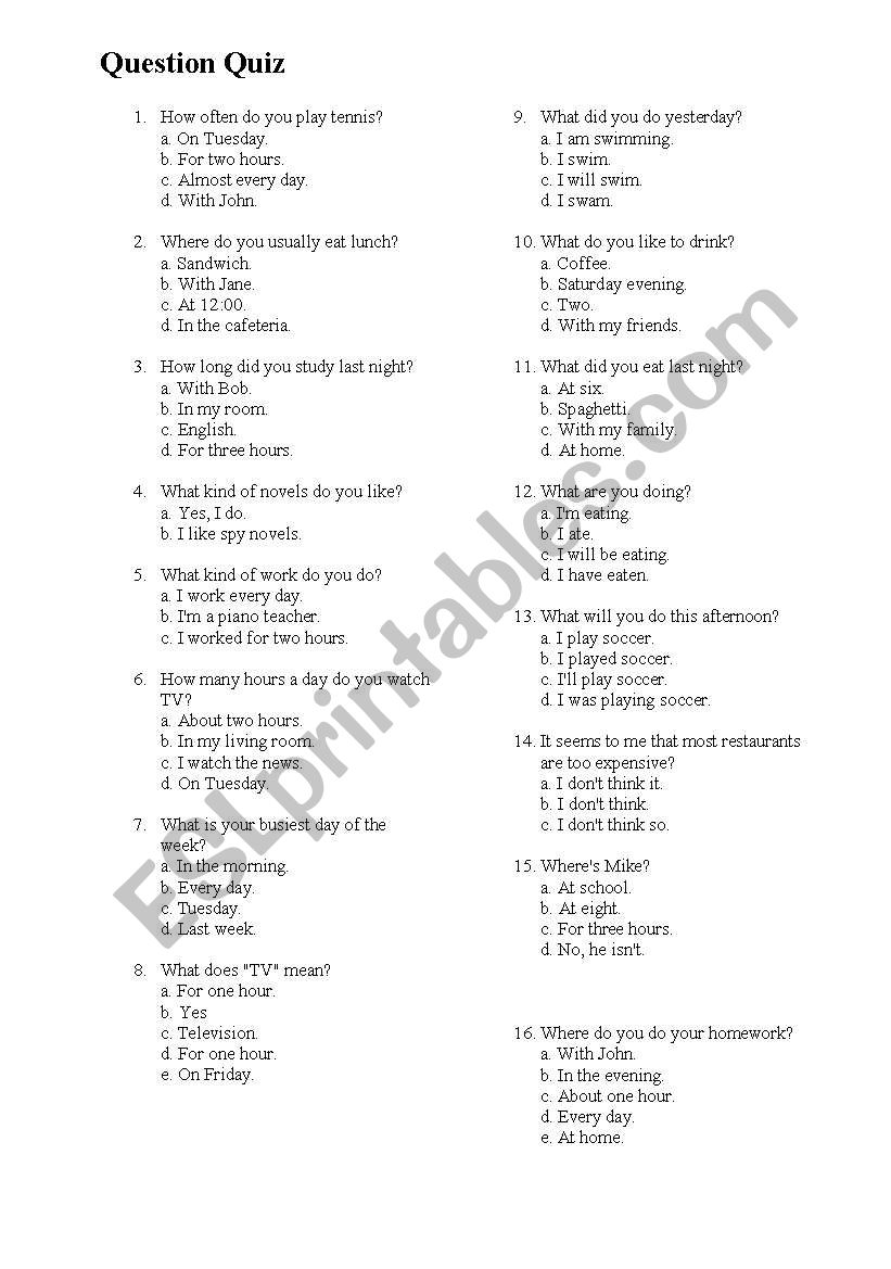 question quiz worksheet