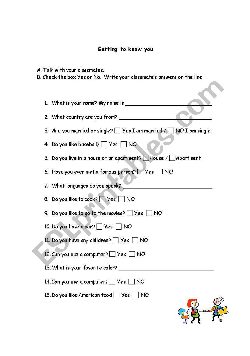 Getting to know your classmates Low Beginning ESL 