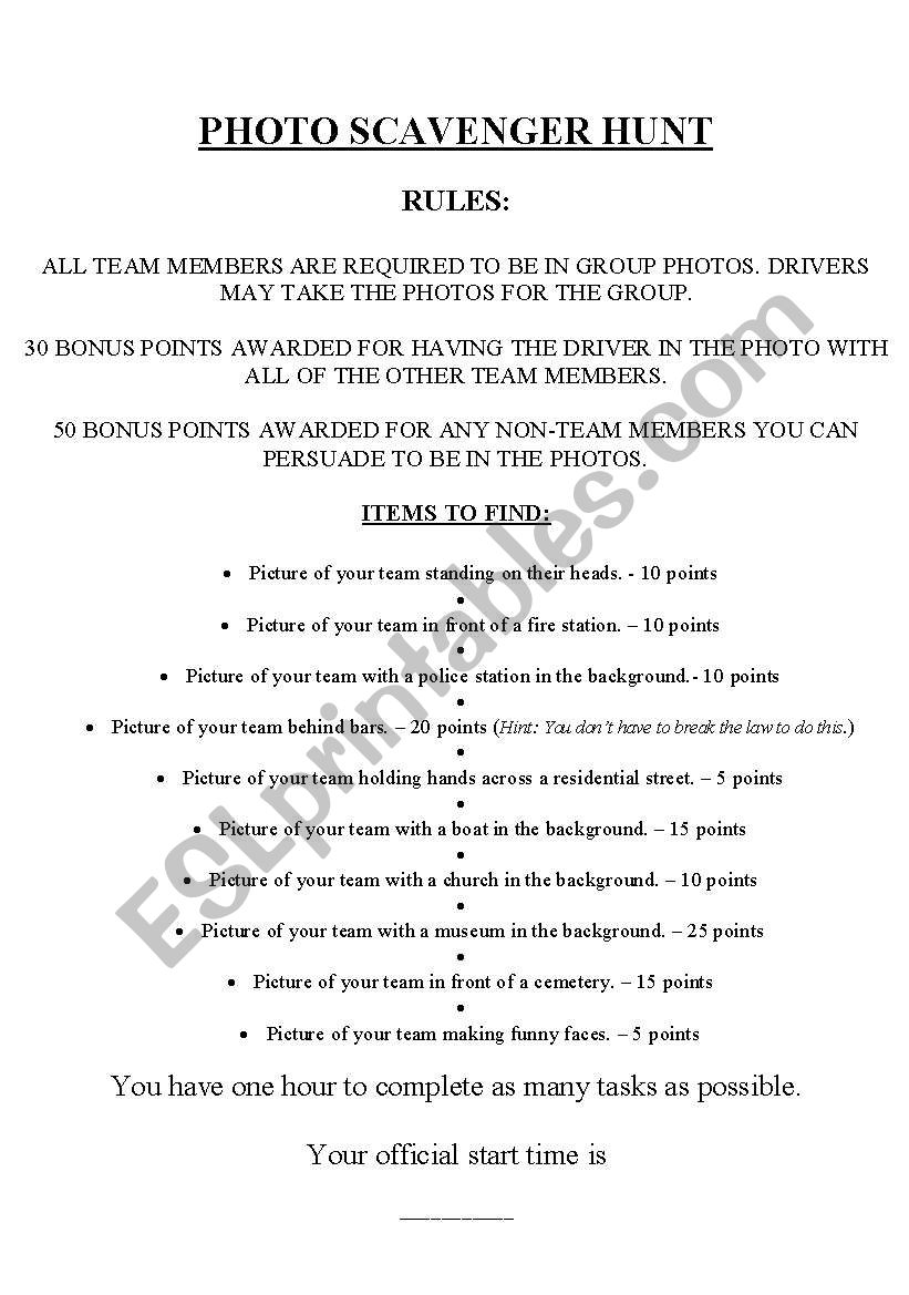 Photo Scavenger Hunt worksheet