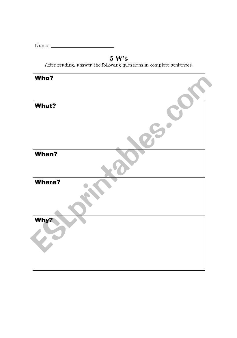 5 Ws worksheet