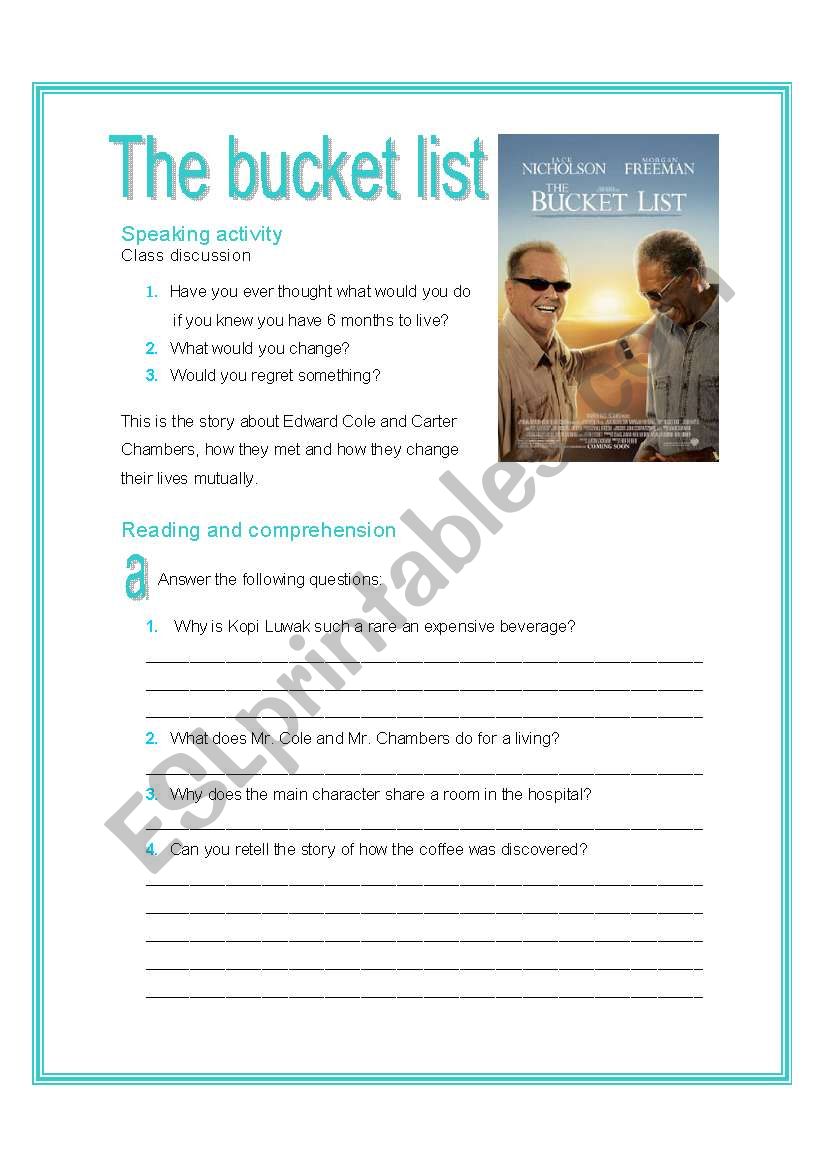 bucket list movie, 4 skills activities + language if clauses (4 pages and key)