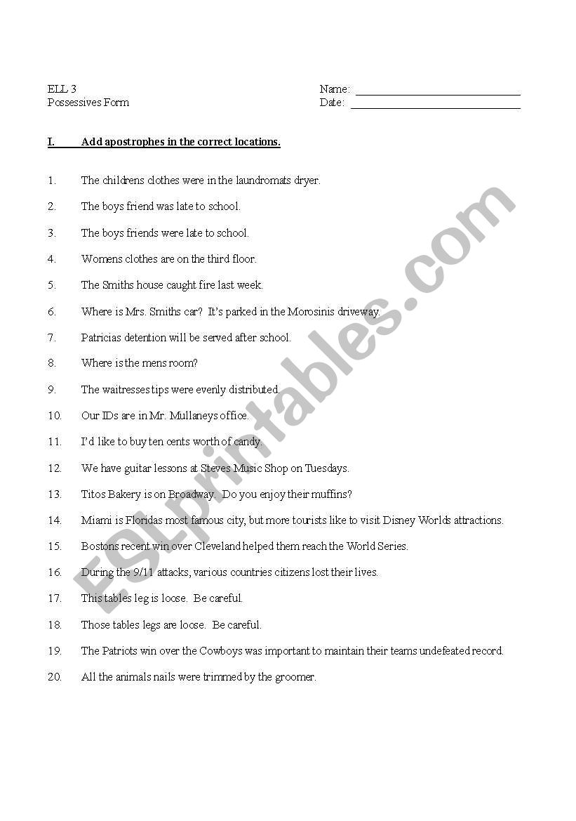 Possessive form (apostrophe + s) Practice 1