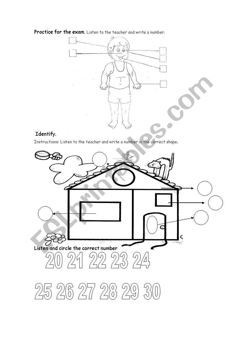 Simple practice of shapes, numbers and body parts.