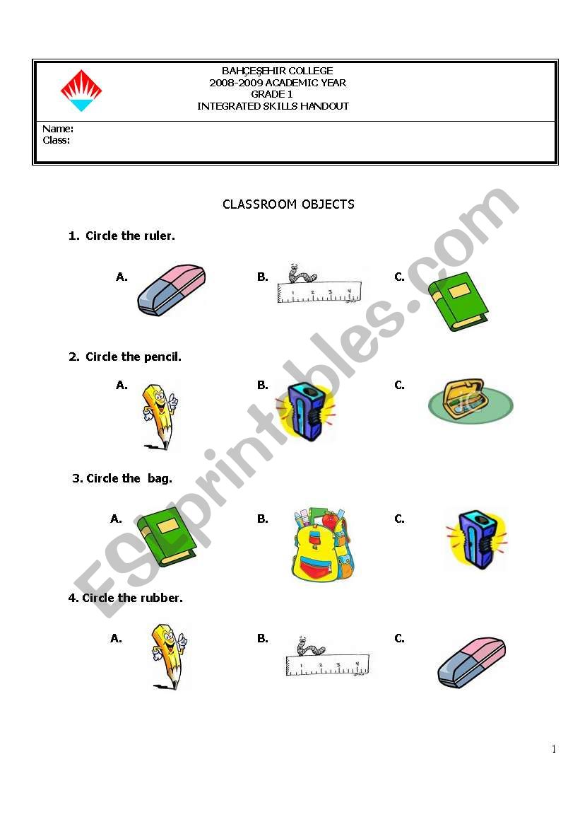 classroom objects worksheet