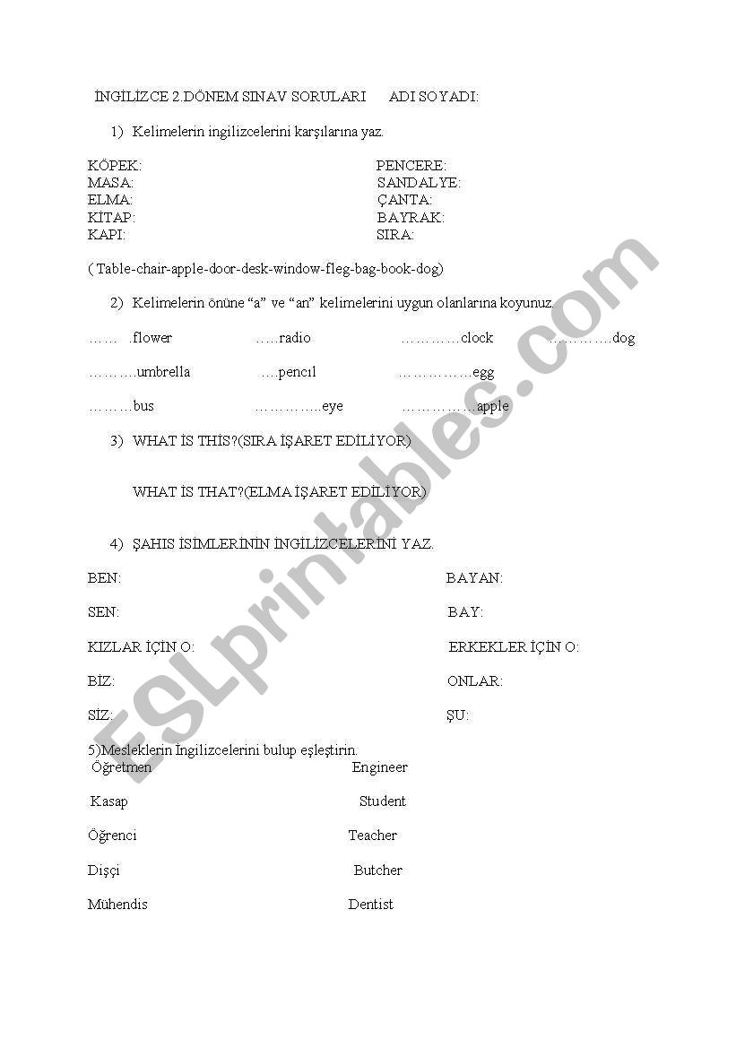 5.class exam worksheet