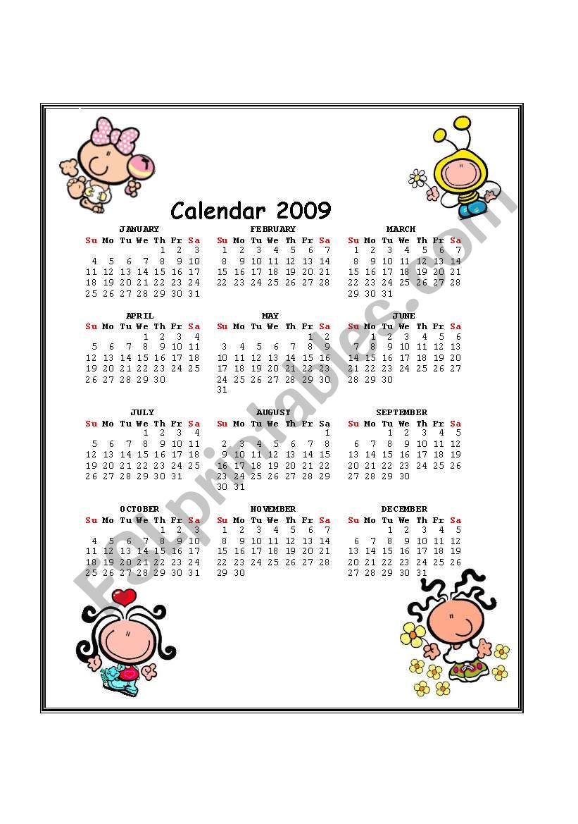 Calendar 2009 worksheet