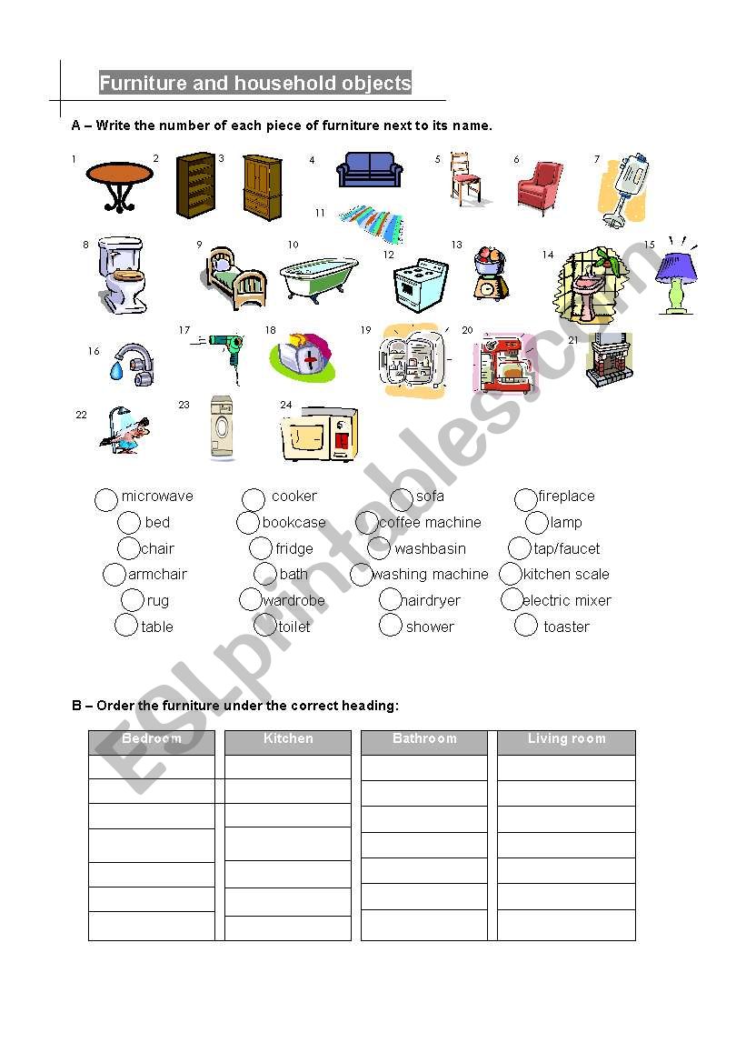 house and furniture worksheet