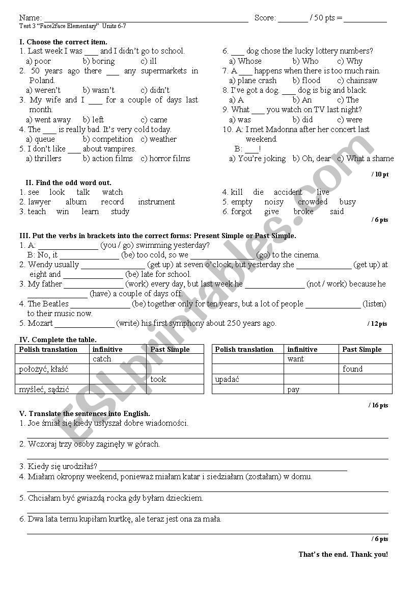 face2face elementary test: units 6-7