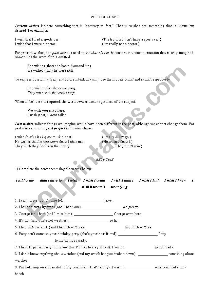 Wish clauses worksheet