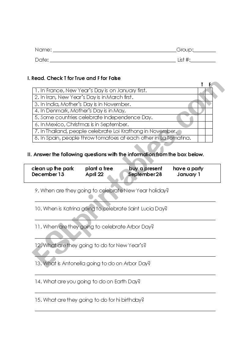 International Holidays worksheet