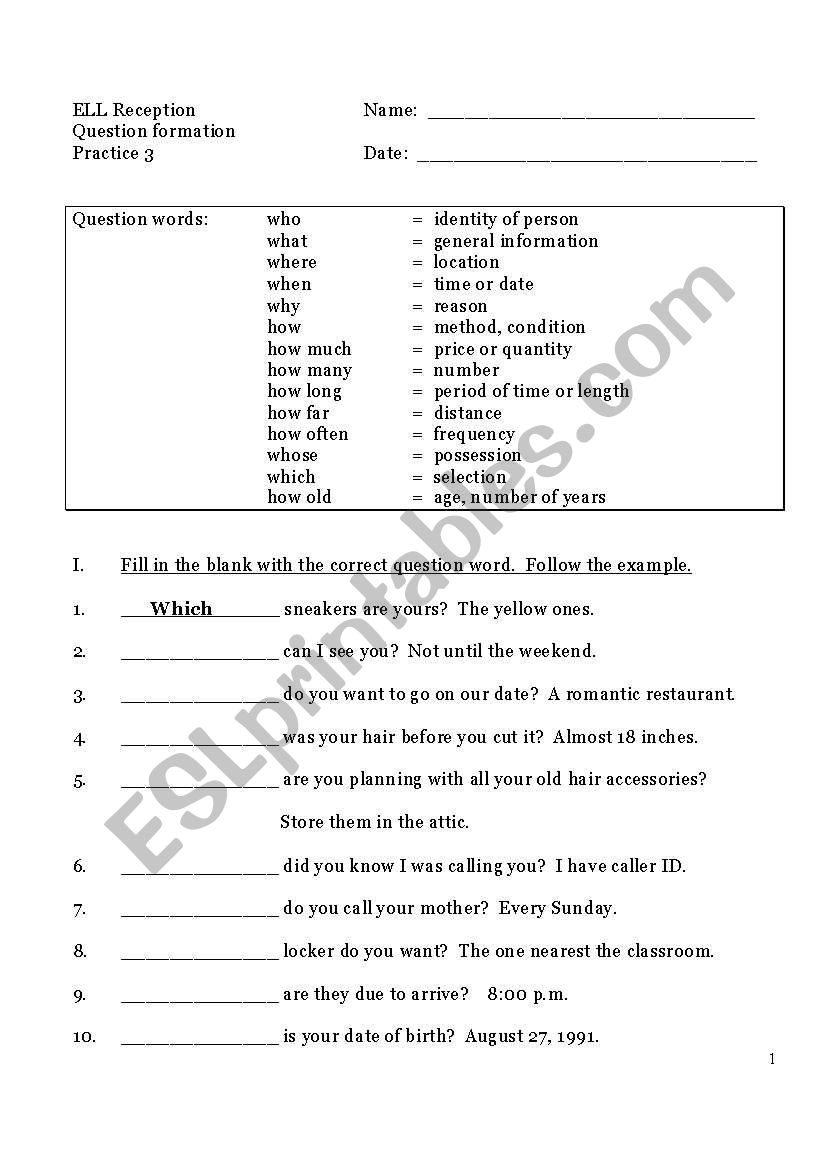 Question Words (3rd of 3) worksheet
