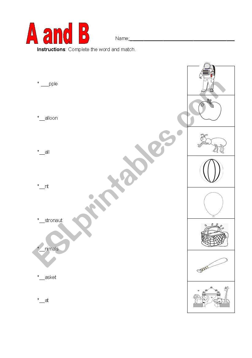 Beginning sounds - A and B  worksheet