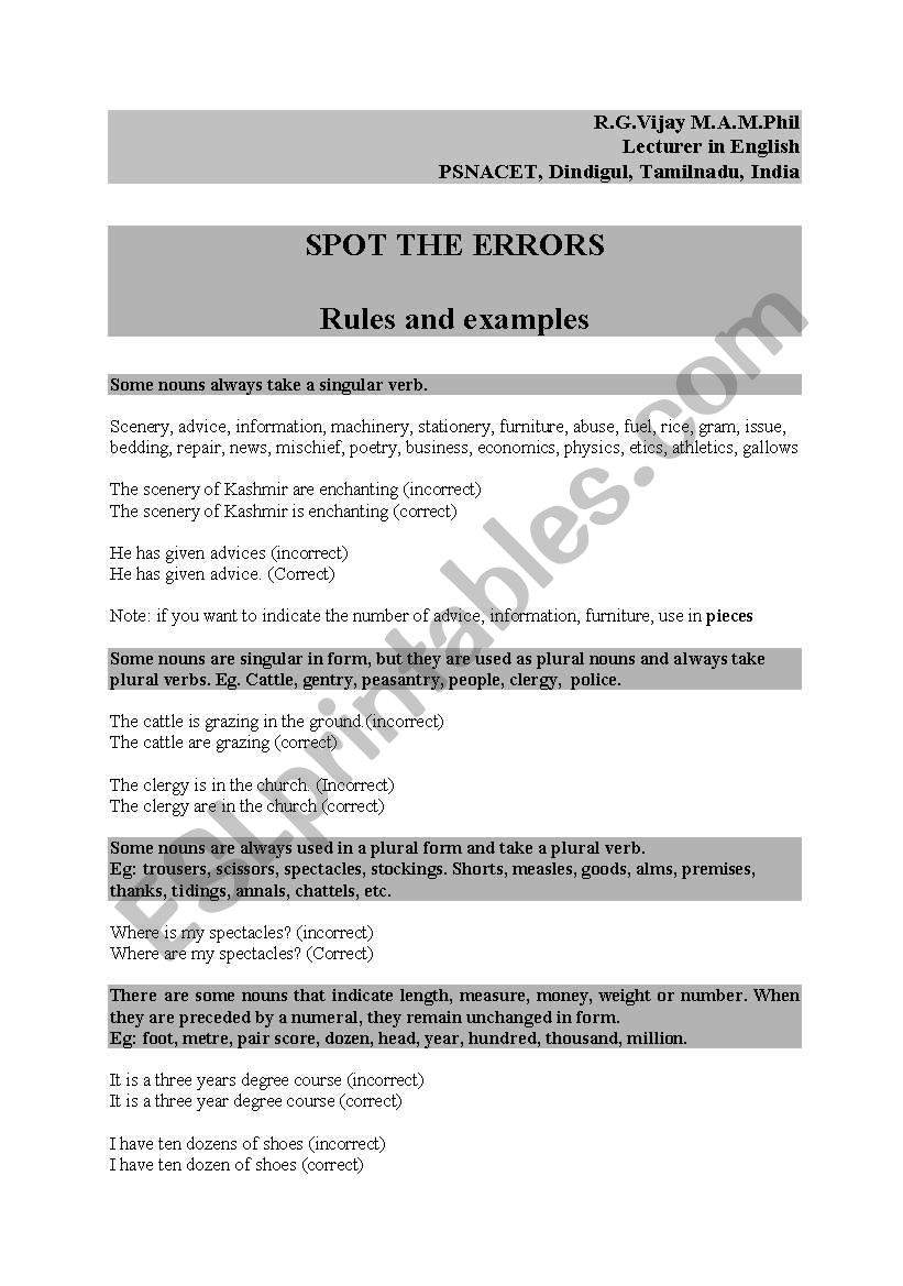 spot the errors worksheet