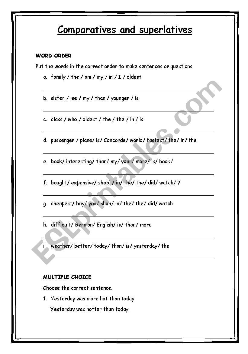 Comparatives and superlatives worksheet