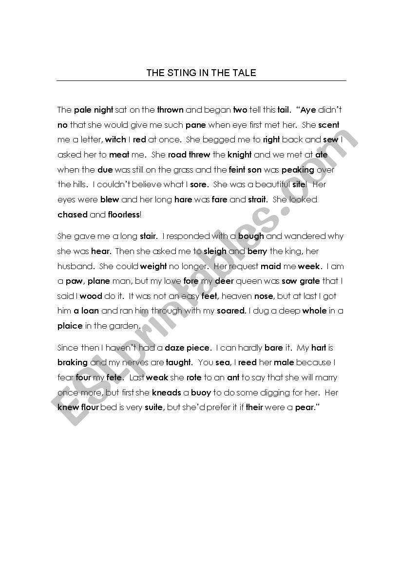 Homophone Story worksheet