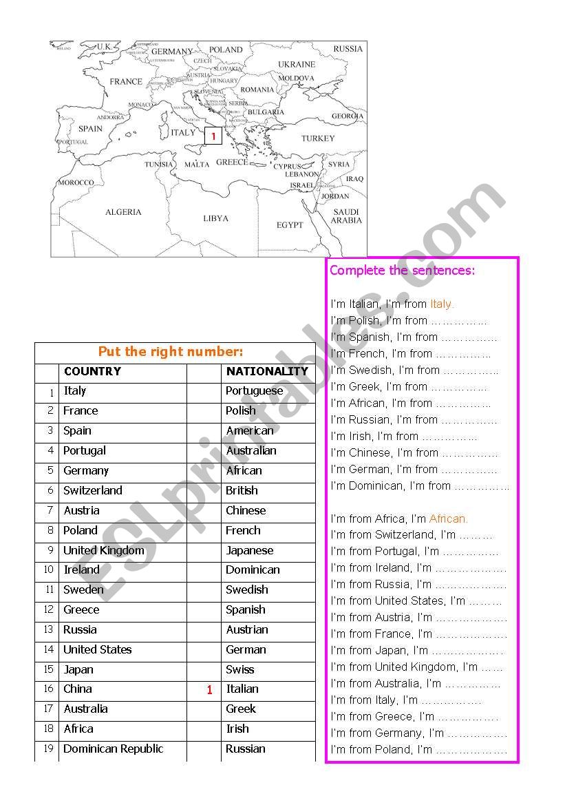 COUNTRY - NATIONALIY worksheet