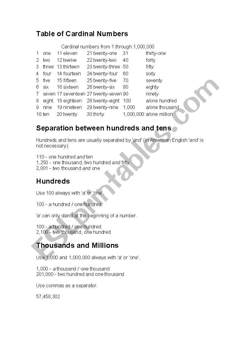 Crdinal Numbers worksheet