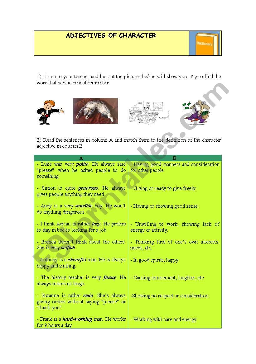 ADJECTIVES OF CHARACTER worksheet