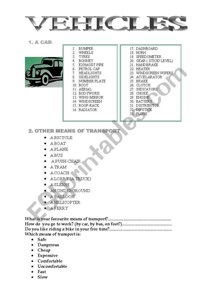 VEHICLES - vocabulary connected with means of transport