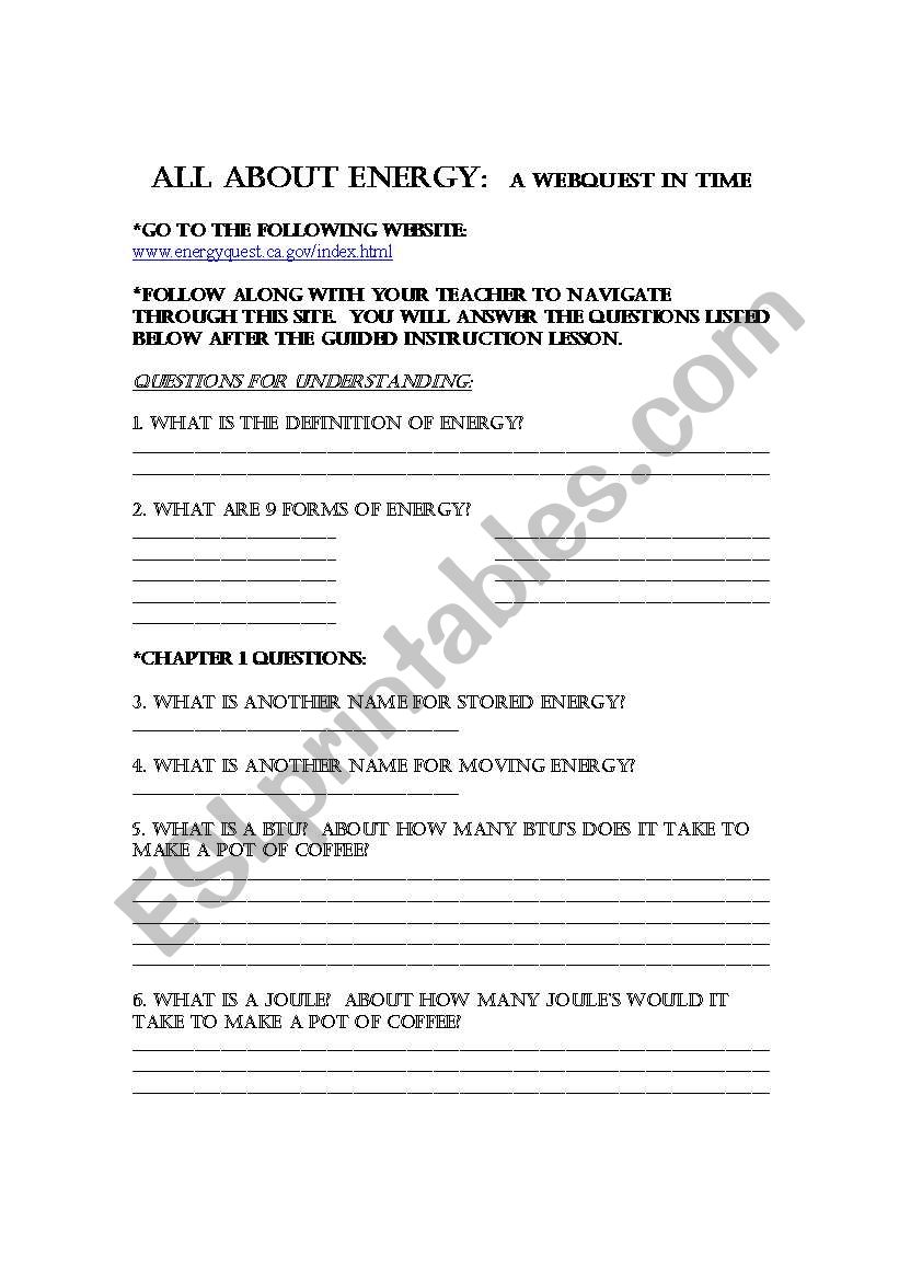 All About Energy worksheet