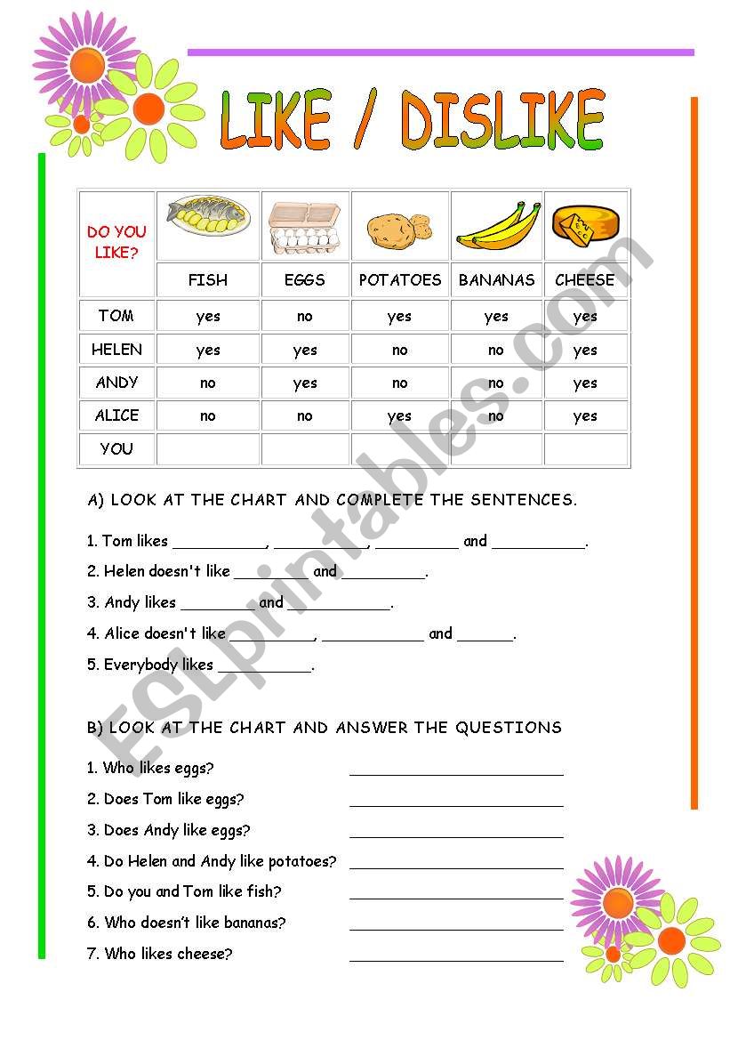 like dislike worksheet