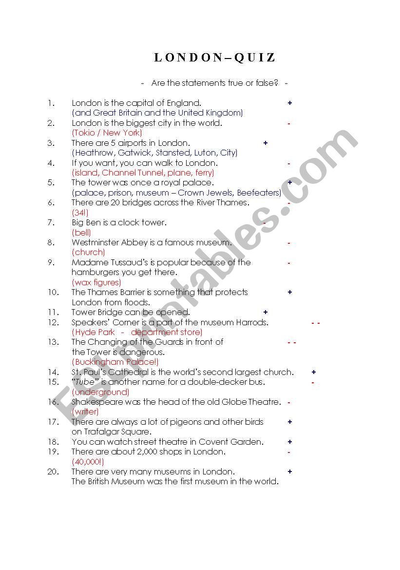 London Quiz worksheet