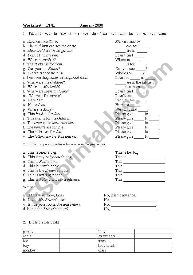 personal pronouns worksheet