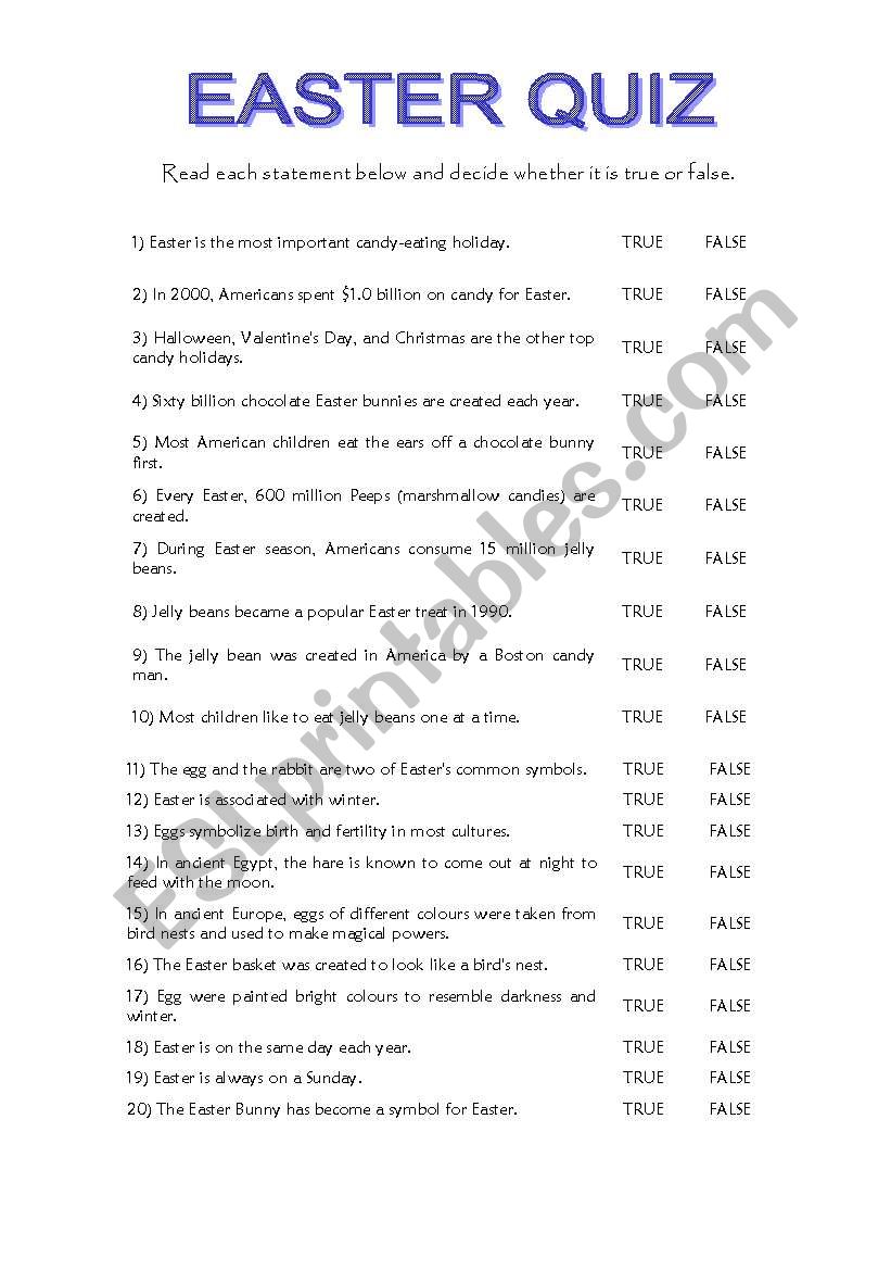 Easter quiz ESL worksheet by maralves