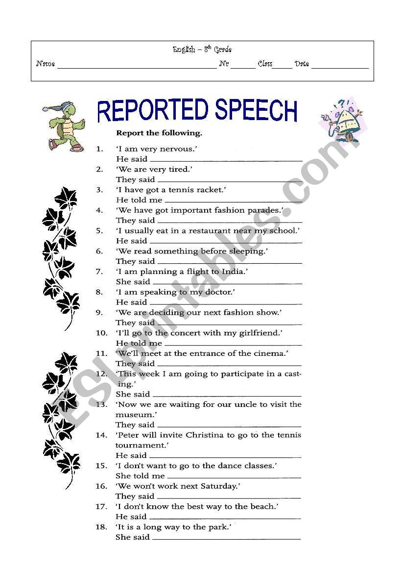 reported speech live worksheet for class 6