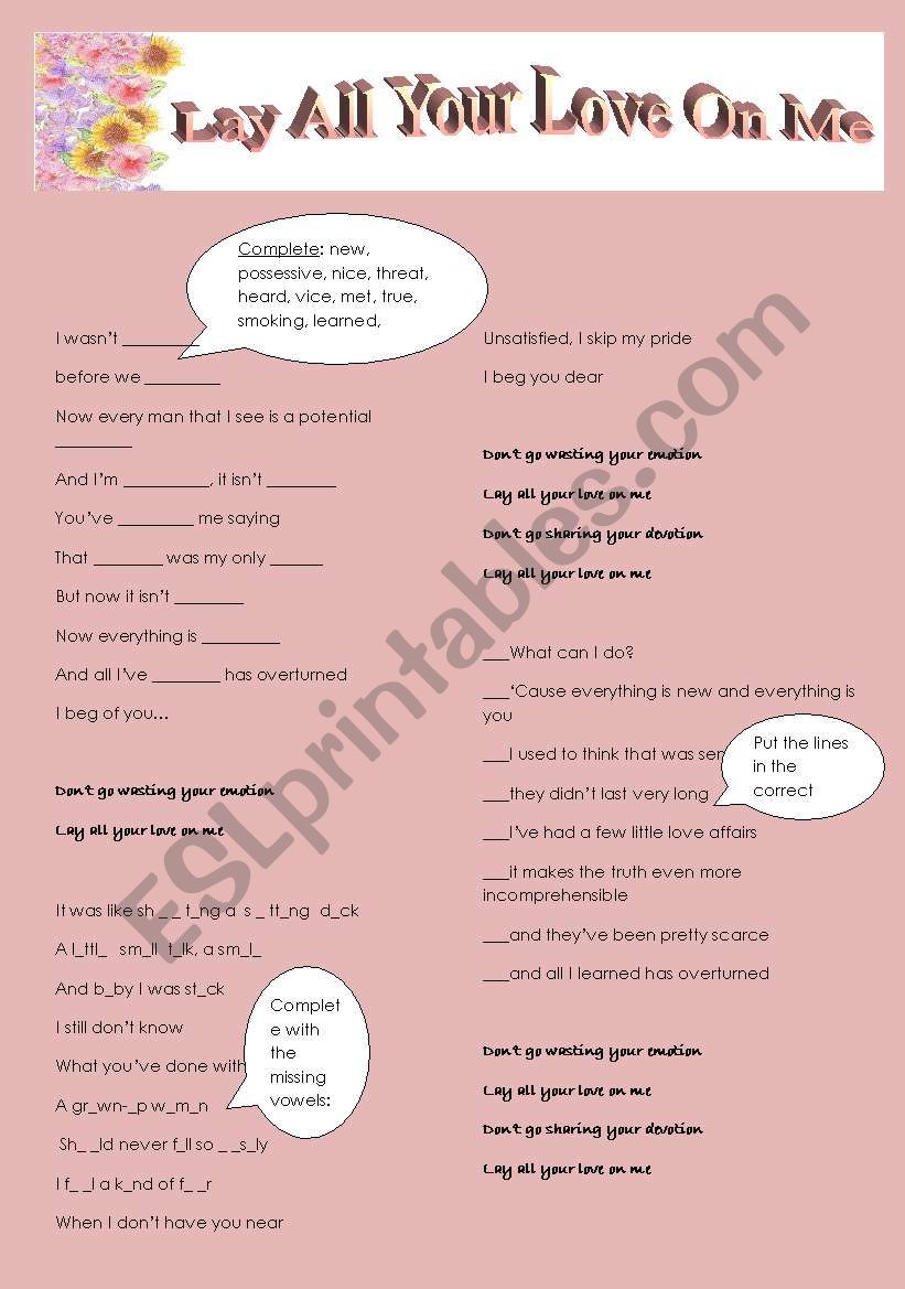 Lay All Your Love On Me - ABBA - ESL worksheet by chrysalis