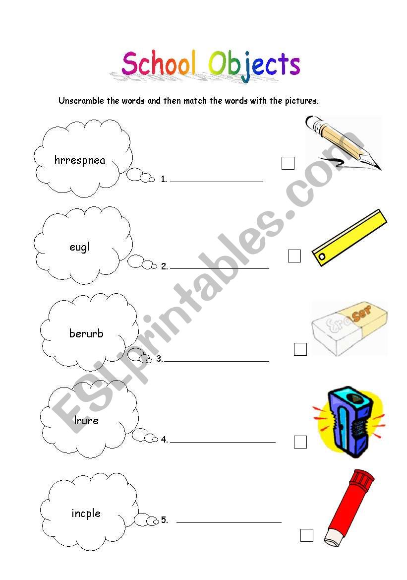 Unscramble classroom objects worksheet