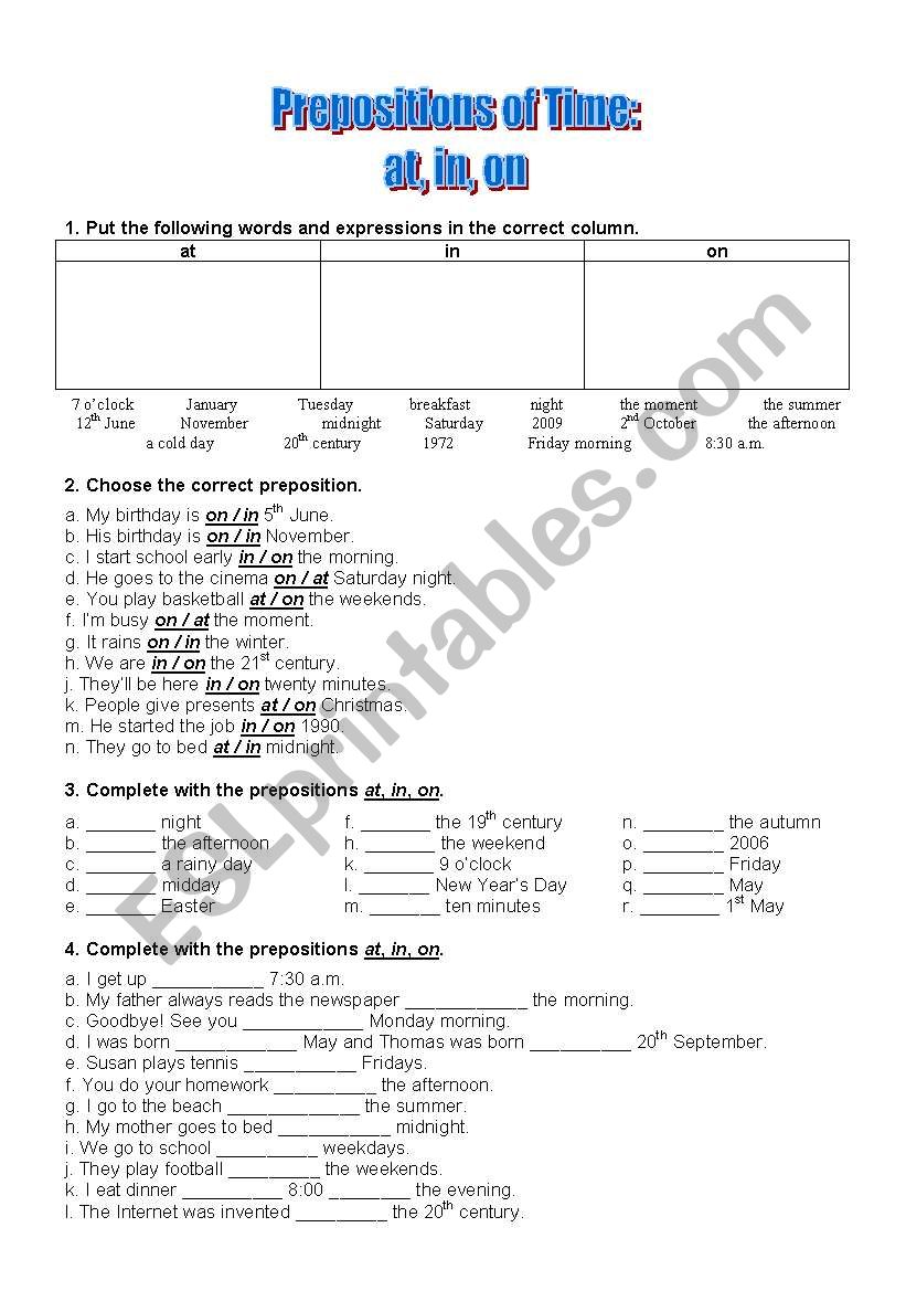 Prepositions of time - at, in, on