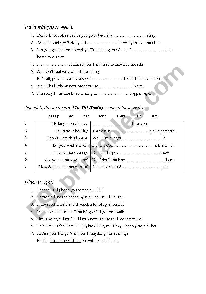 Future Simple, will, wont worksheet