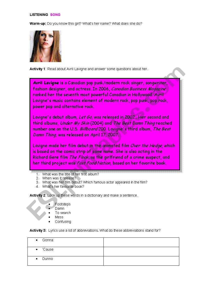 AVRIL LAVIGNE SONG worksheet