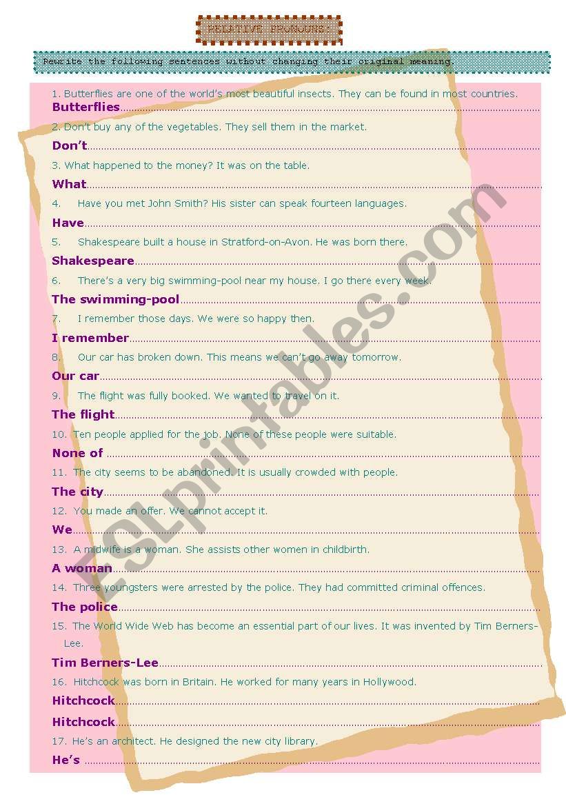 Relative pronouns. Transformations.