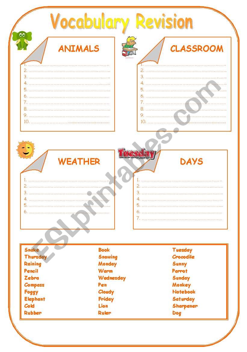 Vocabulary Revision worksheet