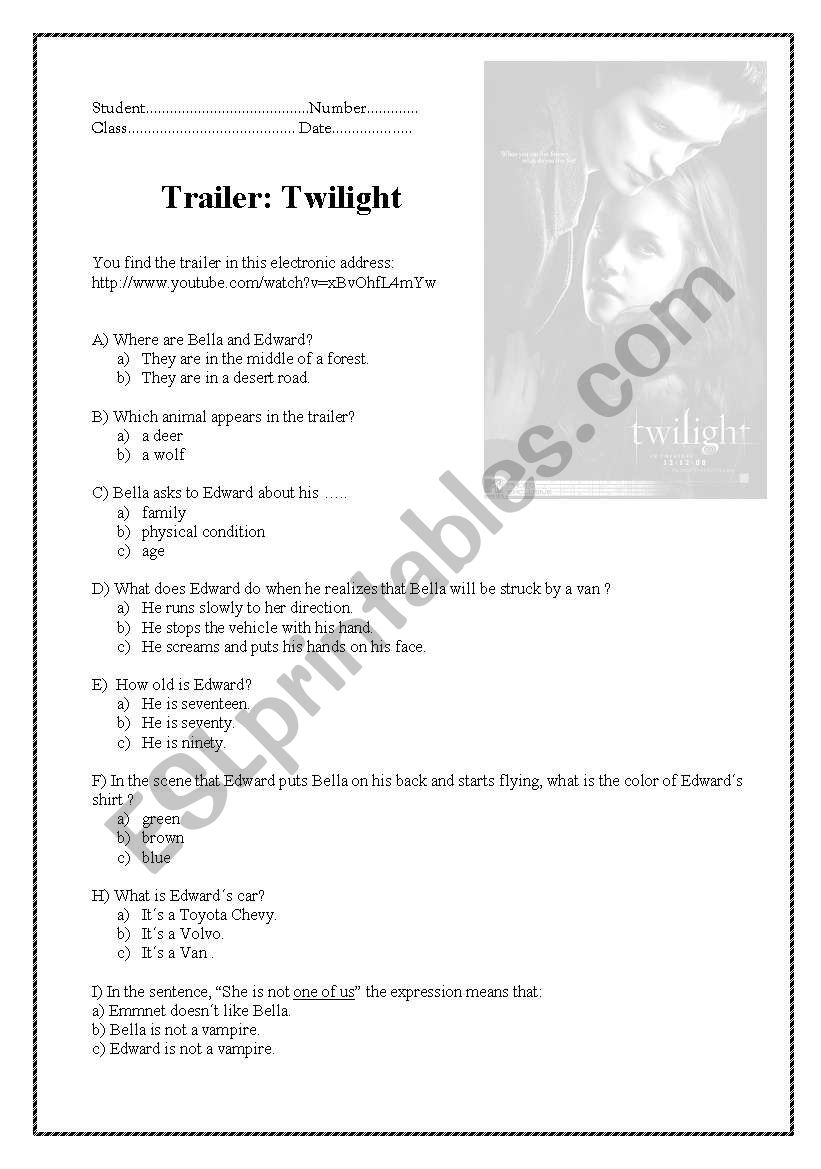 Twilight trailer worksheet