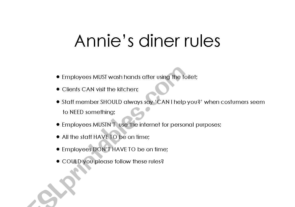 Modals - Annnies diner rules worksheet